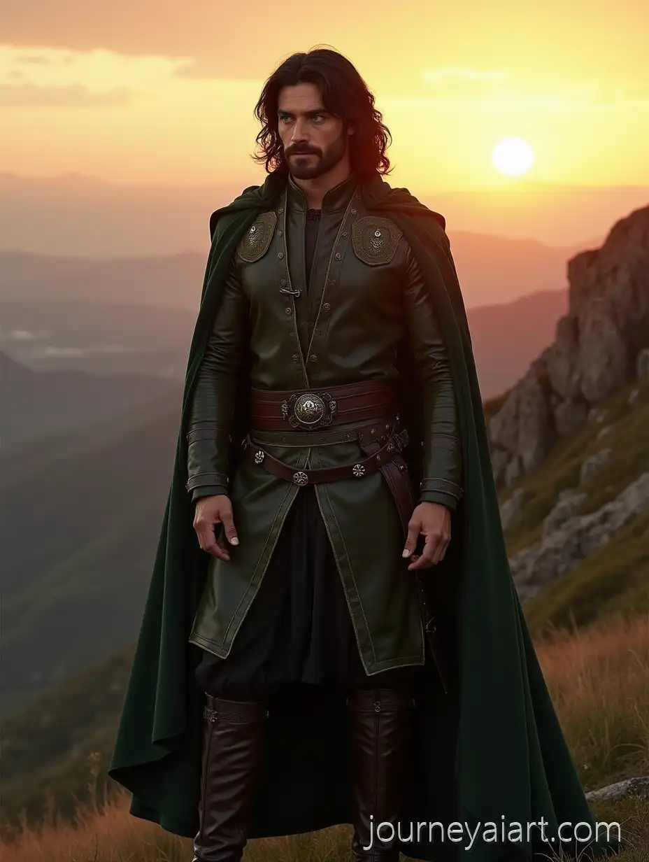 Handsome-Adult-Man-with-Green-Cat-Eyes-and-Medieval-Outfit-at-Mountain-Sunset