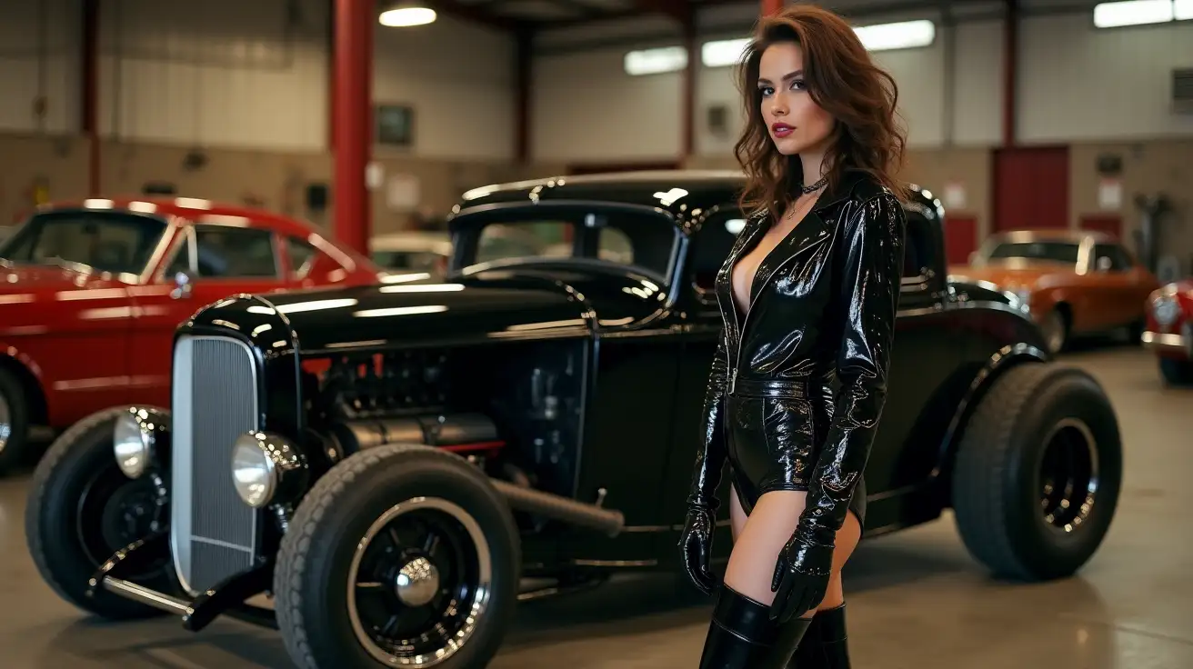 Woman-in-Shiny-PVC-Jumpsuit-Next-to-Rat-Rod-in-Vintage-Garage