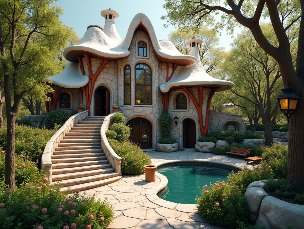 crooked house garden -with Bronze Stuck with red ornaments in the form of triangular patterns, white roof, large windows with glass, curved, rough window shapes, winding grand entrance staircase made of marble a small waterfall complex arched roof with dike, lanterns, bench apple tree 4K resolution colorful superwide-angle shots