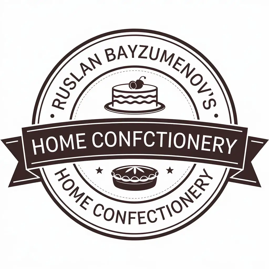 a vector logo design,with the text "Ruslan Bayzumenov's home confectionery", main symbol:Cake, pie,Moderate,be used in Confectionery industry,clear background