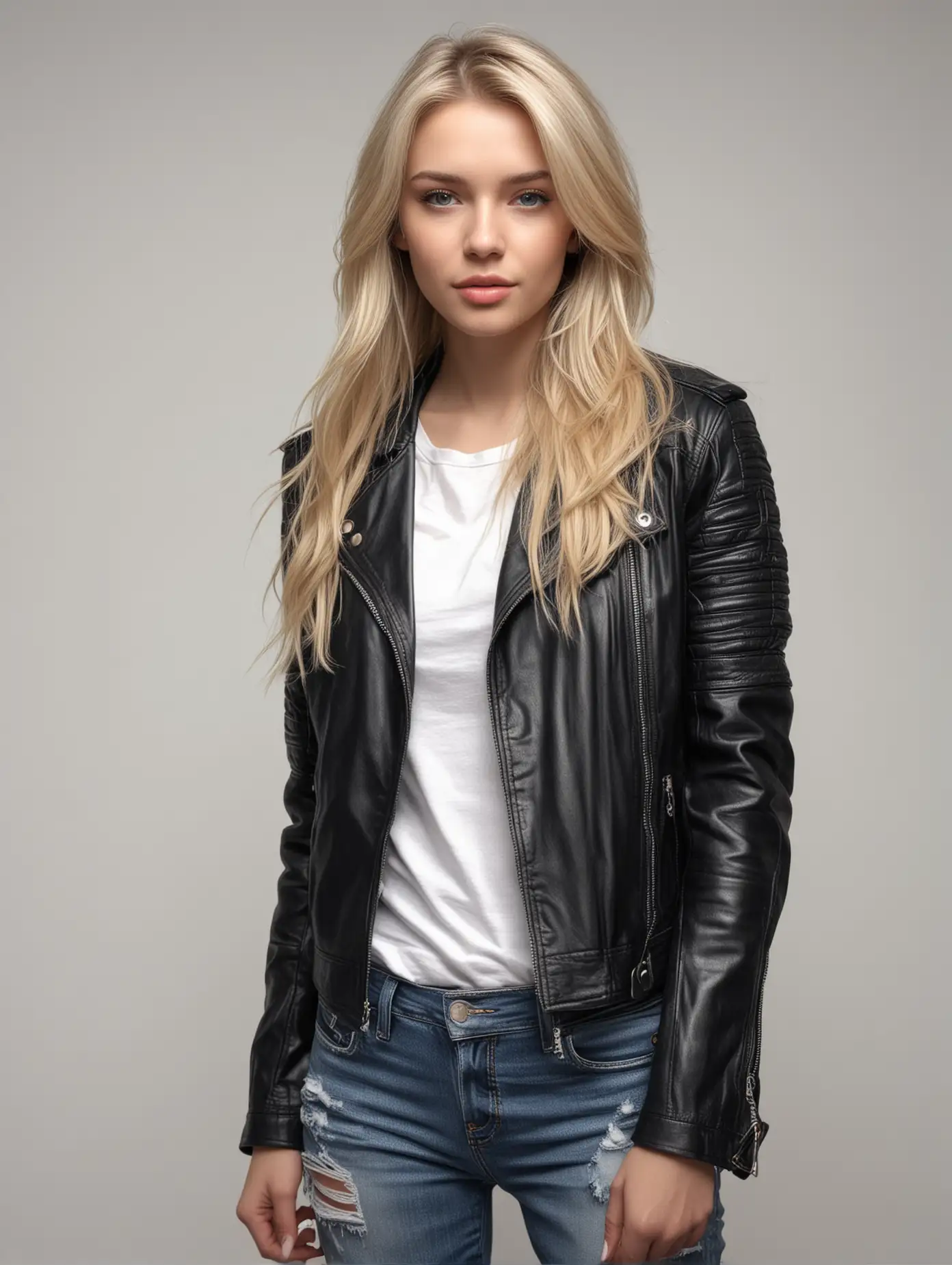 Blonde-Girl-in-Leather-Jacket-and-Jeans-Posing-Against-White-Wall