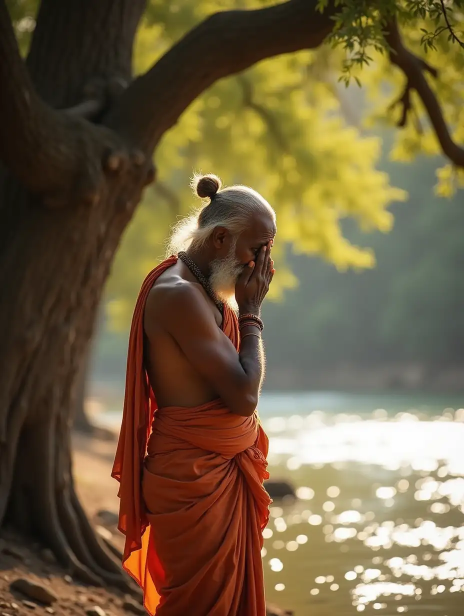 The ascetic and aged Indian sage Bharadwaja, with a well-built frame, shaved beard, and hair tied in a small bun, is seen from behind. He stands under a sprawling tree by the sparkling river, his robe draped loosely at waist level. His hands cover his face completely, a rare moment of vulnerability breaking through his usual calm demeanor. The golden sunlight filters through the trees, casting a warm glow on the sage as the serene surroundings and the gentle flow of the river frame his discomfort