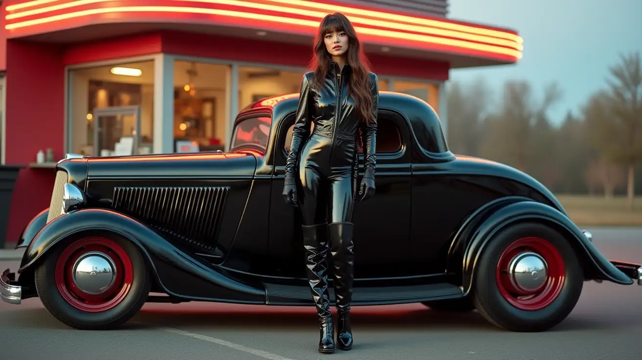 realistic photo , woman standing next to rat rod , wearing black shinny pvc jumpsuit shiny pvc jacket , wearing black shinny pvc thigh high boots , shinny pvc long gloves , outside vintage diner