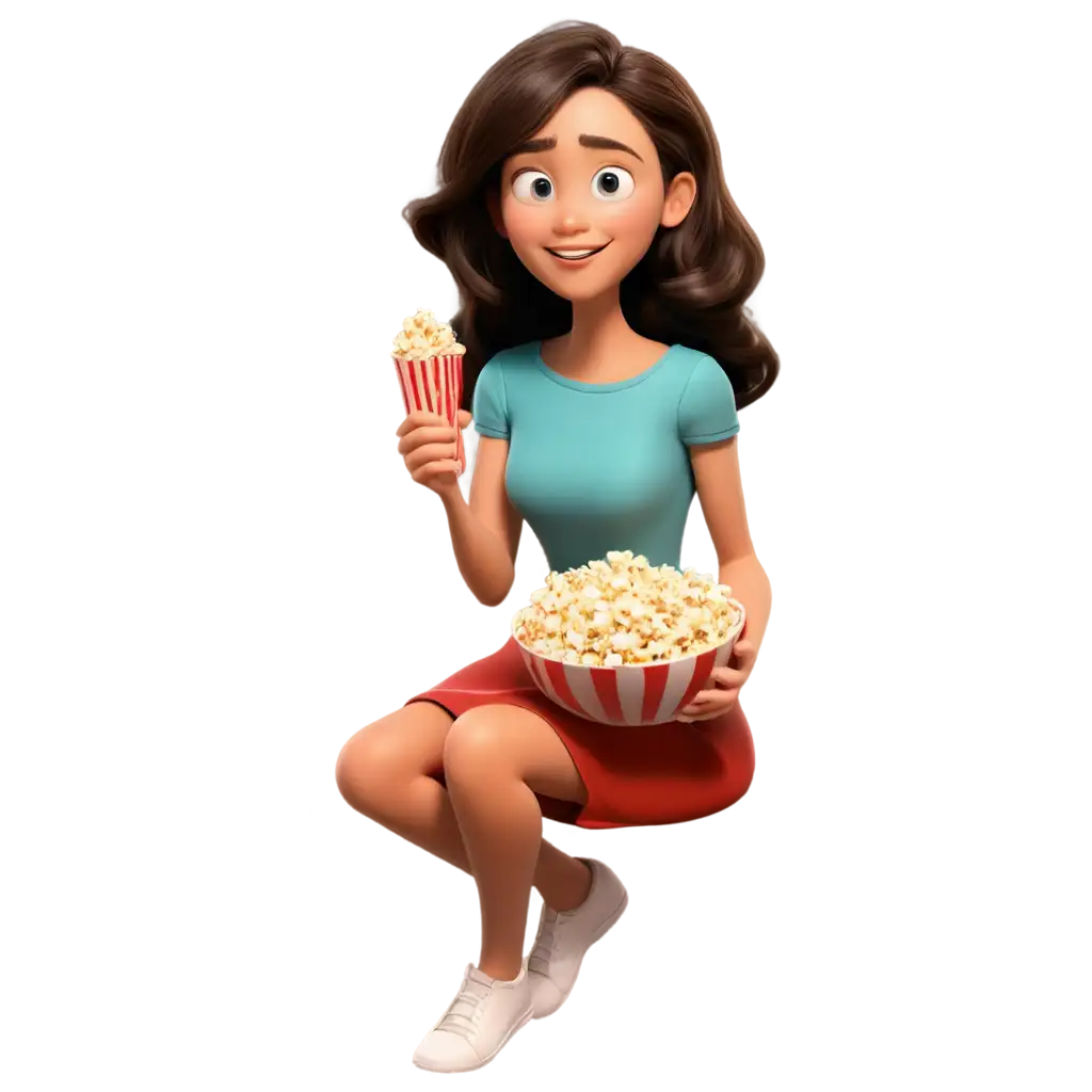 Beautiful-Student-Watching-TV-and-Eating-Popcorn-in-3D-Pixar-Style-PNG-Image