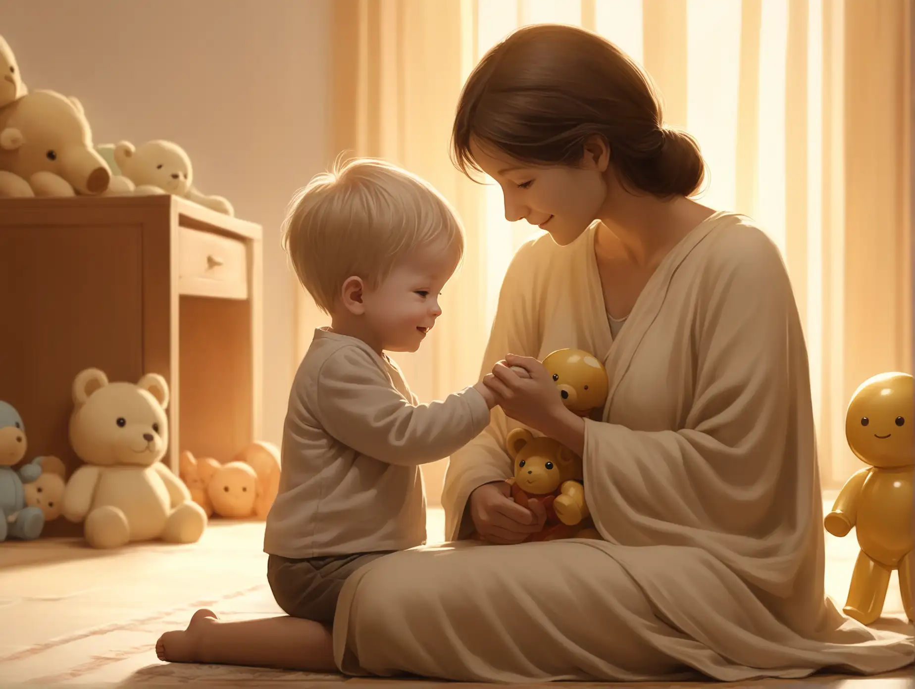 Young-Boy-Playing-with-Toys-While-Mother-Watches-Over-Him-in-Soft-Golden-Light