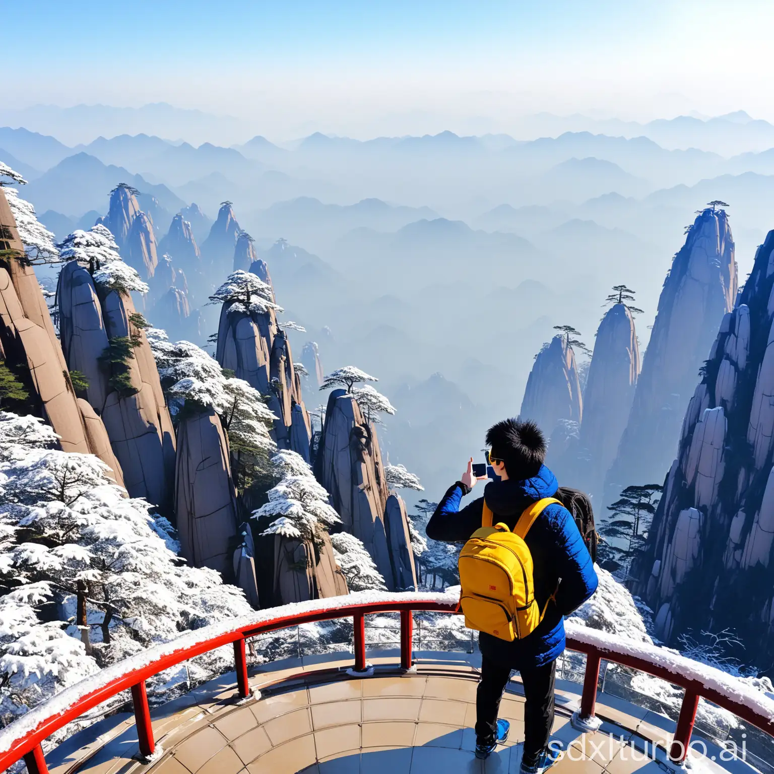 Person-in-Silver-Sunglasses-Taking-Selfie-at-Huangshan-Observation-Deck