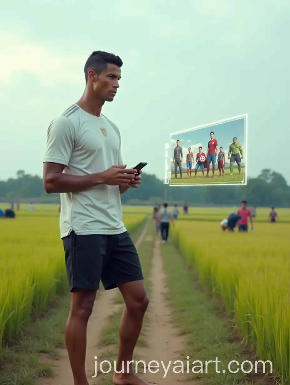 Cristiano-Ronaldo-in-Rice-Field-with-Marvel-Superheroes-on-Holographic-Screen