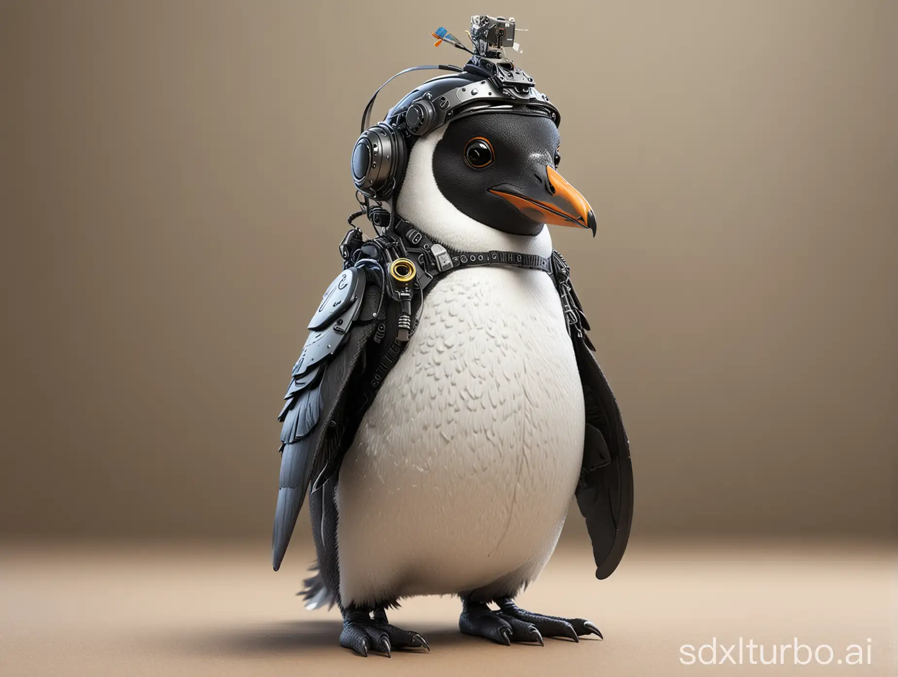 a friendly feathered linux tux penguin with cyborg helmet