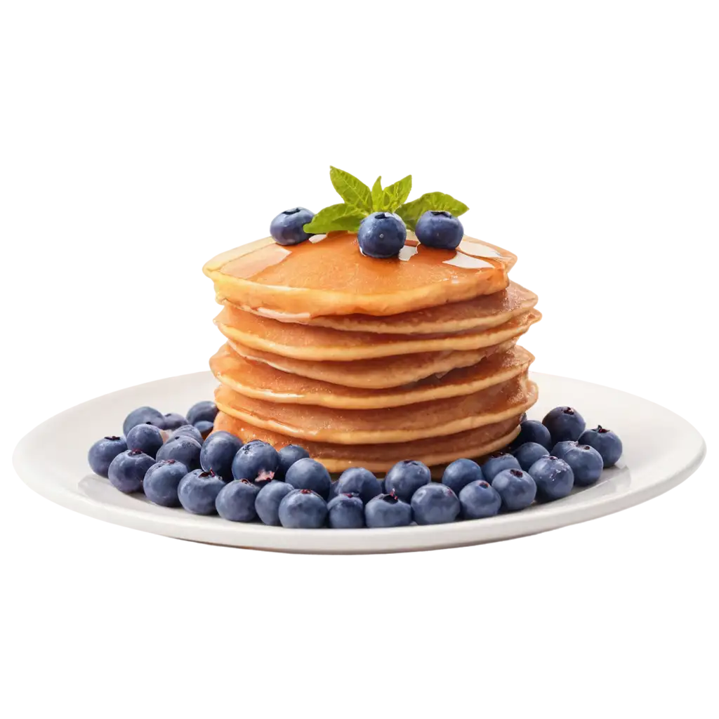 Image is a high-quality, close-up photograph featuring a stack of fluffy, golden-brown pancakes on a white plate. The pancakes are neatly stacked, with a pat of butter melting on top. Fresh blueberries are artfully arranged on and around the pancakes, adding a pop of color. A wooden honey dipper is positioned above the stack, drizzling golden honey over the pancakes, creating a glossy sheen. The background is plain and white, emphasizing the vibrant colors and textures of the pancakes, blueberries, and honey. The composition is clean and appetizing, focusing on the breakfast theme.