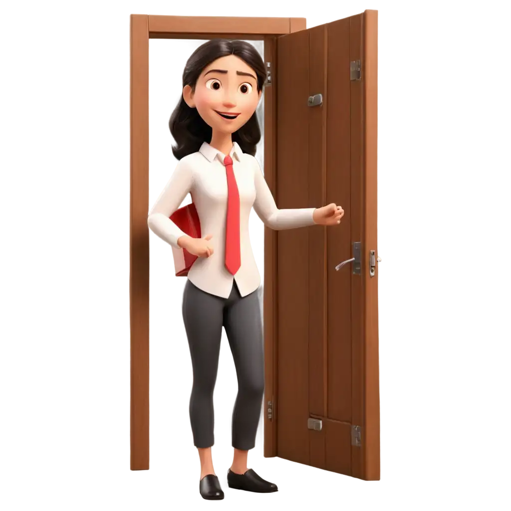 an animated 3d teacher opens a door