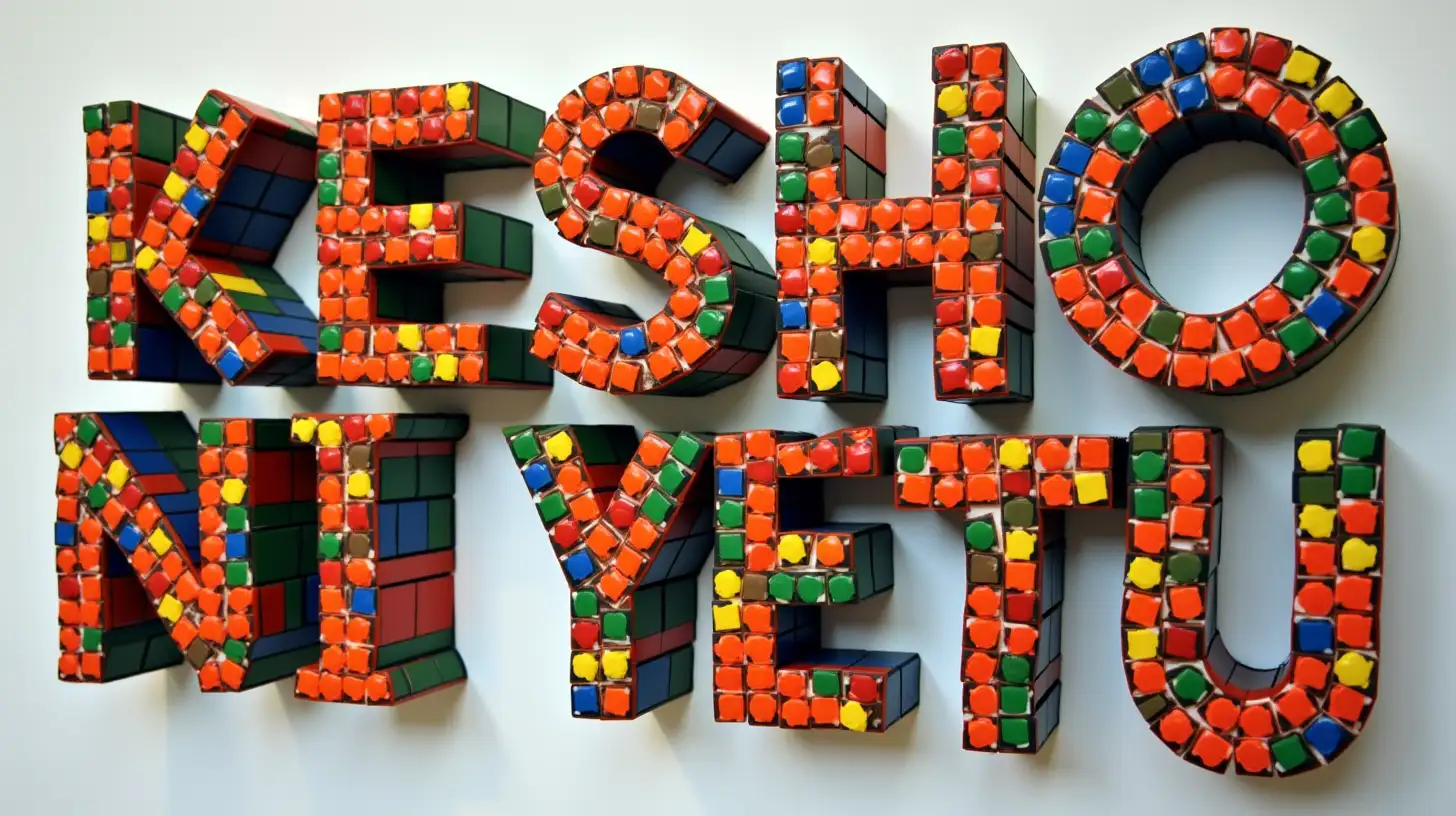 Create an artistic installation using colorful Rubik's cubes arranged to spell out the phrase 'KESHO NI YETU'. The cubes should be positioned in a way that their faces align to form the letters clearly, with each cube's colors contributing to the overall vibrancy and visual impact. The design should balance symmetry and creativity, utilizing the unique, geometric qualities of the Rubik's cube to evoke a modern, dynamic aesthetic. The cubes should be arranged in a way that reflects movement or energy, giving the art a sense of life and optimism, in keeping with the meaning of the phrase.