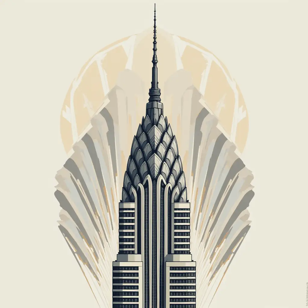 Create an elegant, stylized depiction of the Chrysler Building, emphasizing its art deco crown and gleaming steel spire. Use reflective silvers, cool grays, and shimmering whites, accented with soft gold highlights. The background can feature layered geometric patterns inspired by 1930s design motifs, blending sophistication with modern edge. Perfect for a T-shirt that celebrates timeless New York glamour.