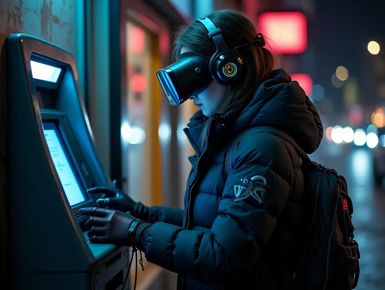 a young stealth techwear female hacker on a street at night, programming atm machine, hands covered, wearing puffer jacket, cybernetic headband, vr goggles, headphones, smartwatch over full electronic gloves, overflowing with wearable cyberpunk hardware, many wires connected from atm to gloves