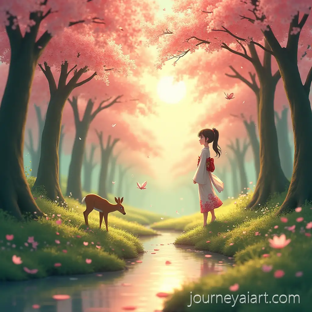 Anime-Girl-Walking-in-Cherry-Blossom-ForestAI-Art-Prompt-Expansion-at-Sunrise-with-Deer-and-Butterflies