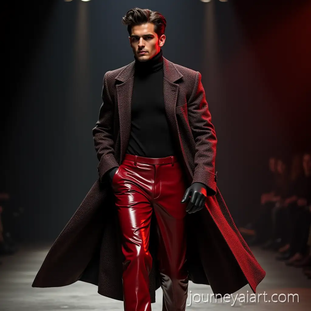 Handsome-Male-Model-in-Slim-Runway-Coat-with-Tweed-and-Leather-Pants-on-Bold-Red-CARLOS-CORDOVA-Background