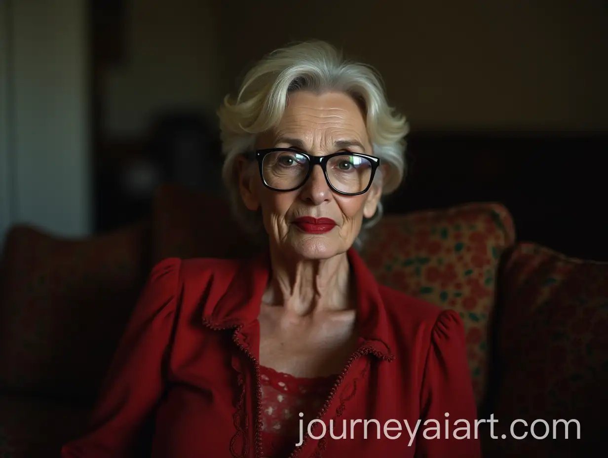 Beautiful-70YearOld-Woman-with-Short-Hair-and-Red-Lips-in-a-Sarafan-Sitting-on-a-Couch