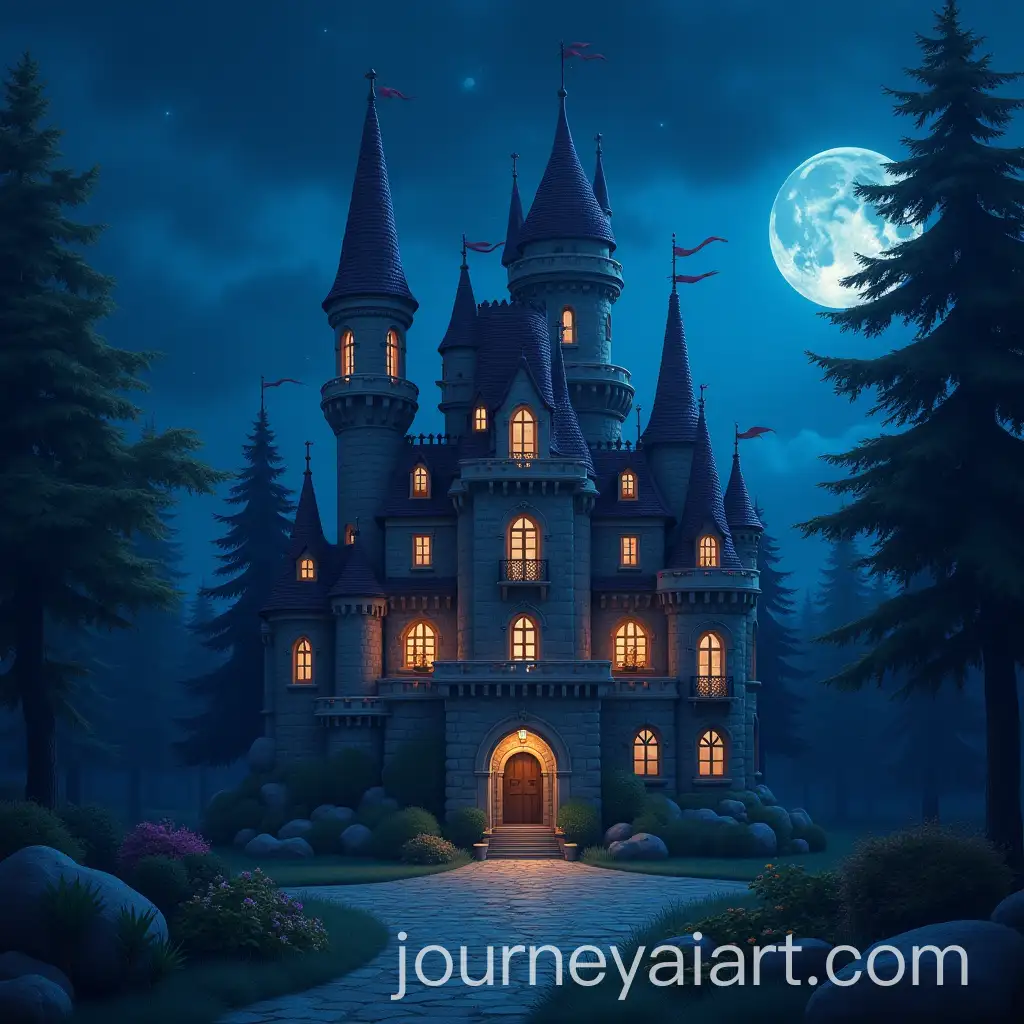 Fantasy-Castle-at-Night-with-Glowing-Lights-and-Mystical-Atmosphere