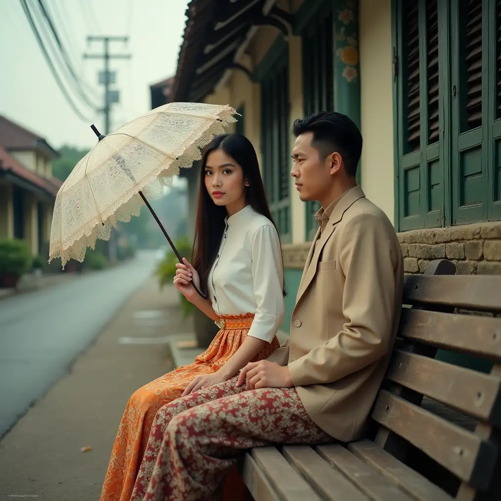 Couple-in-Traditional-Indonesian-Clothing-Sitting-on-Wooden-Bench-in-ColonialEra-Setting