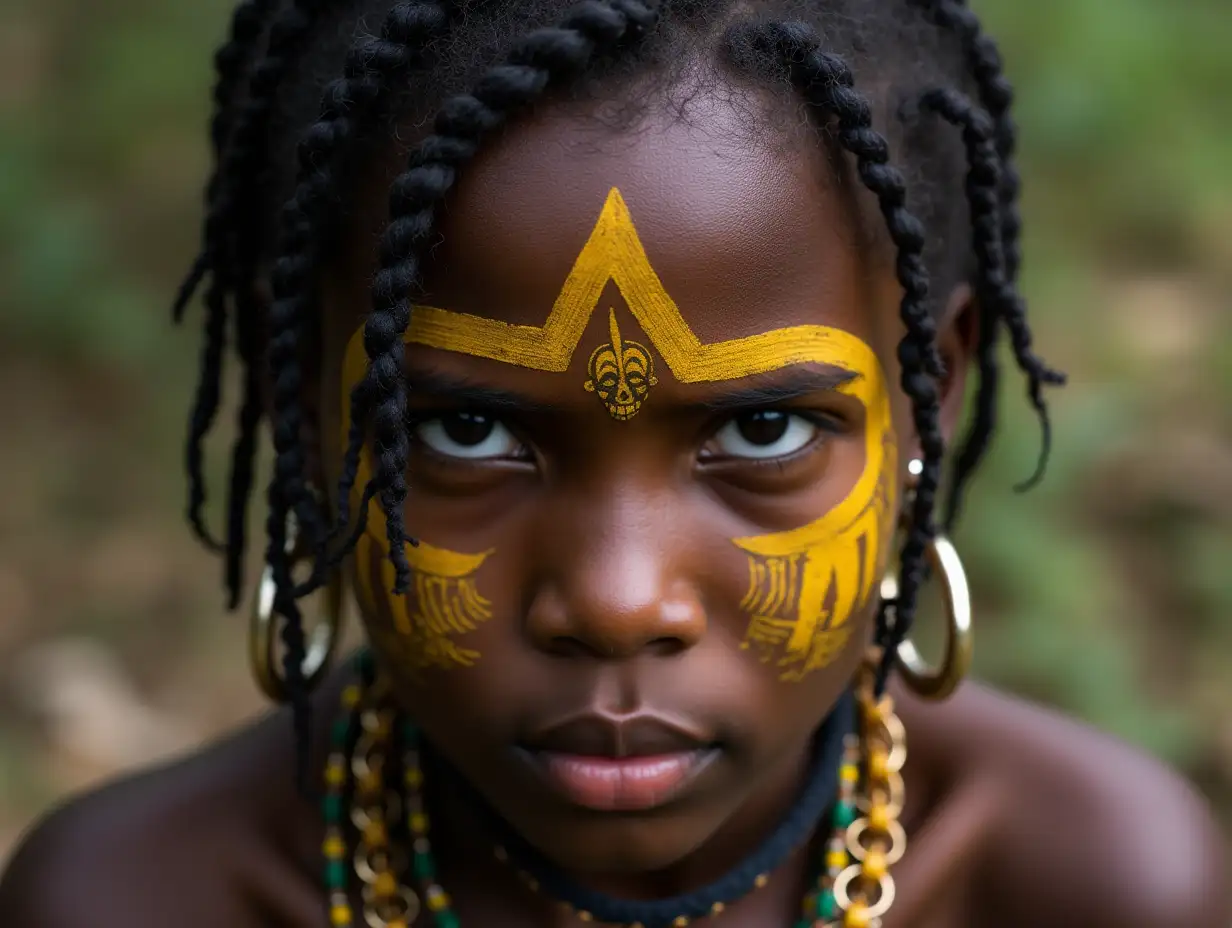 A young woman with dark skin, yellow face paint, and intricate facial jewelry. She has intense, piercing eyes and a serious expression. The background appears to be a natural, outdoor setting