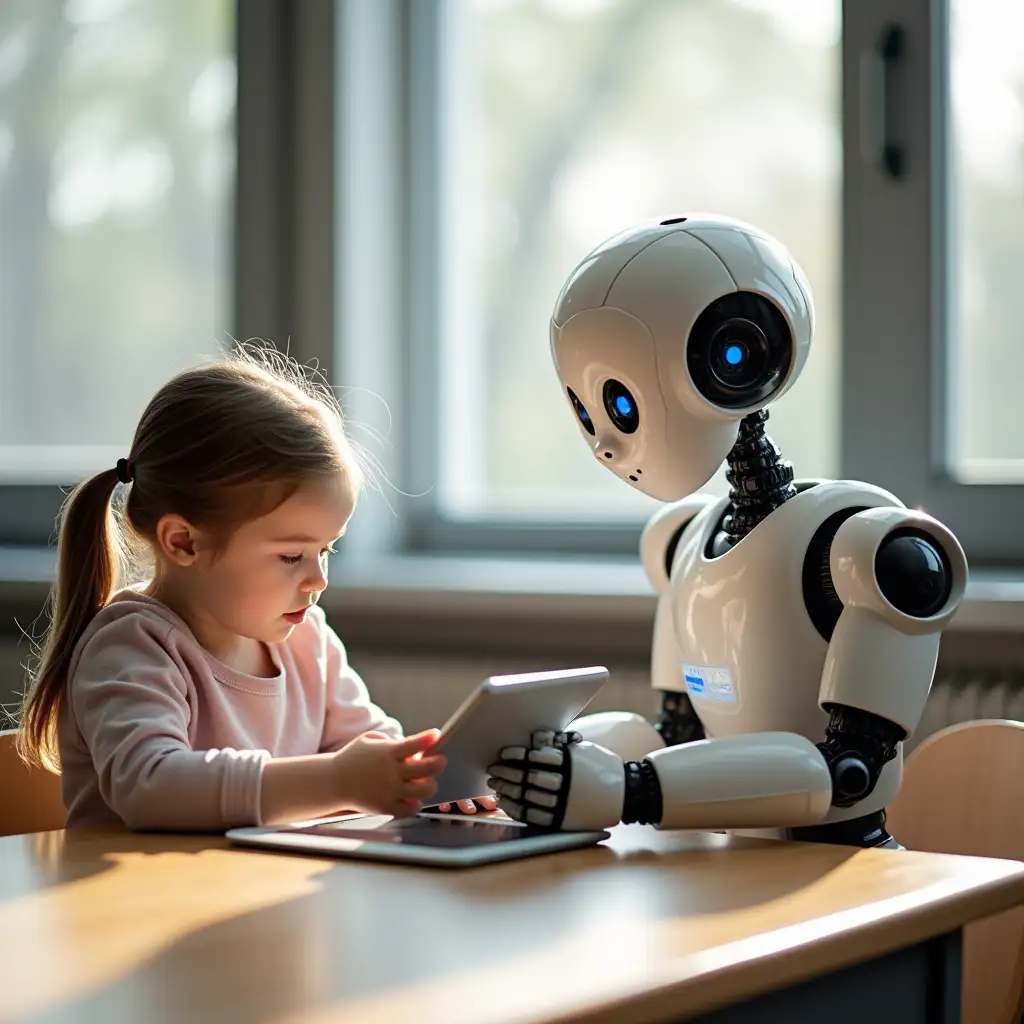 Young-Girl-and-Humanoid-Robot-Learning-Together-with-Digital-Tablets