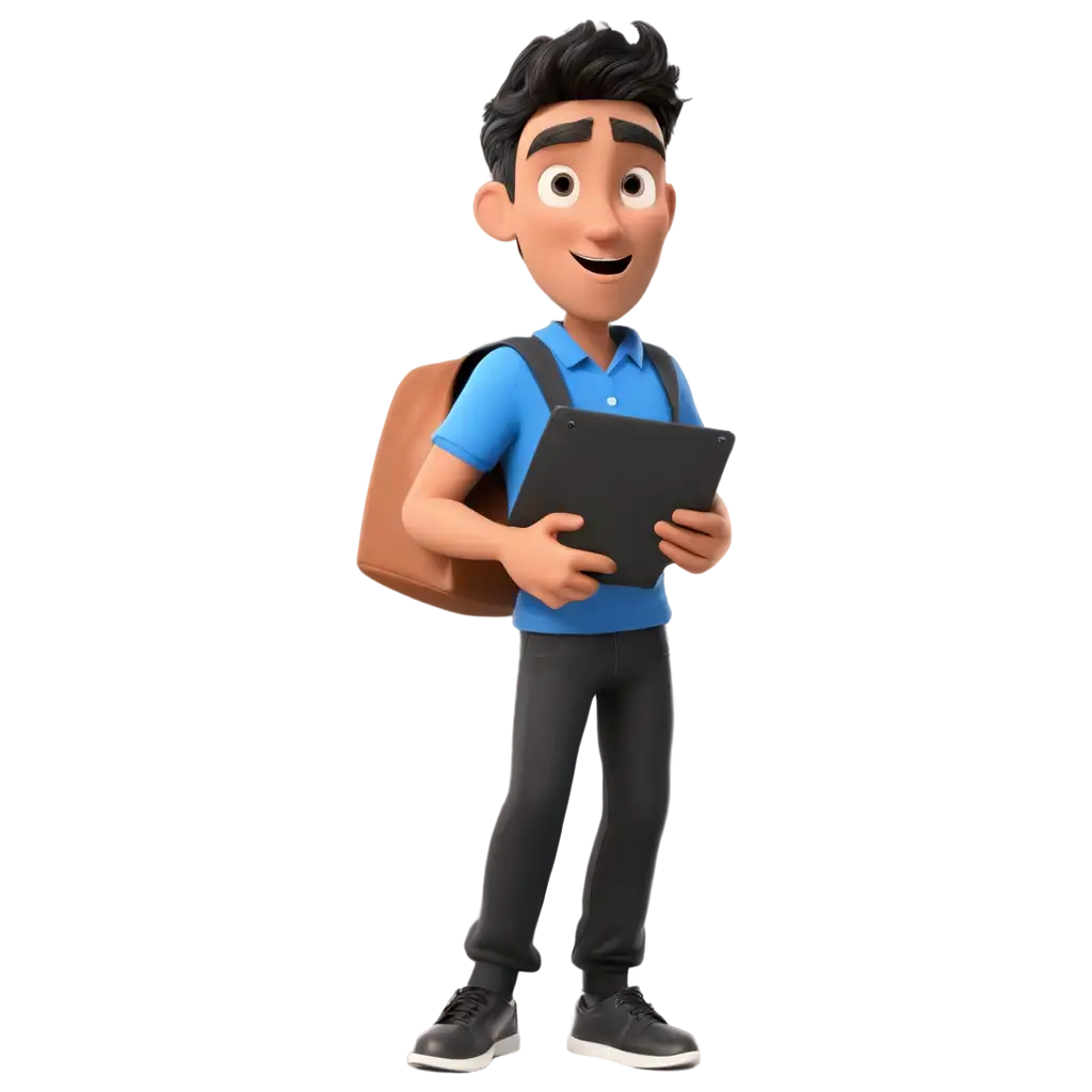 3d animated surprised Delivery boy with black bag and parcel box in hand wearing blue tshirt and black pant using phone one Different boy