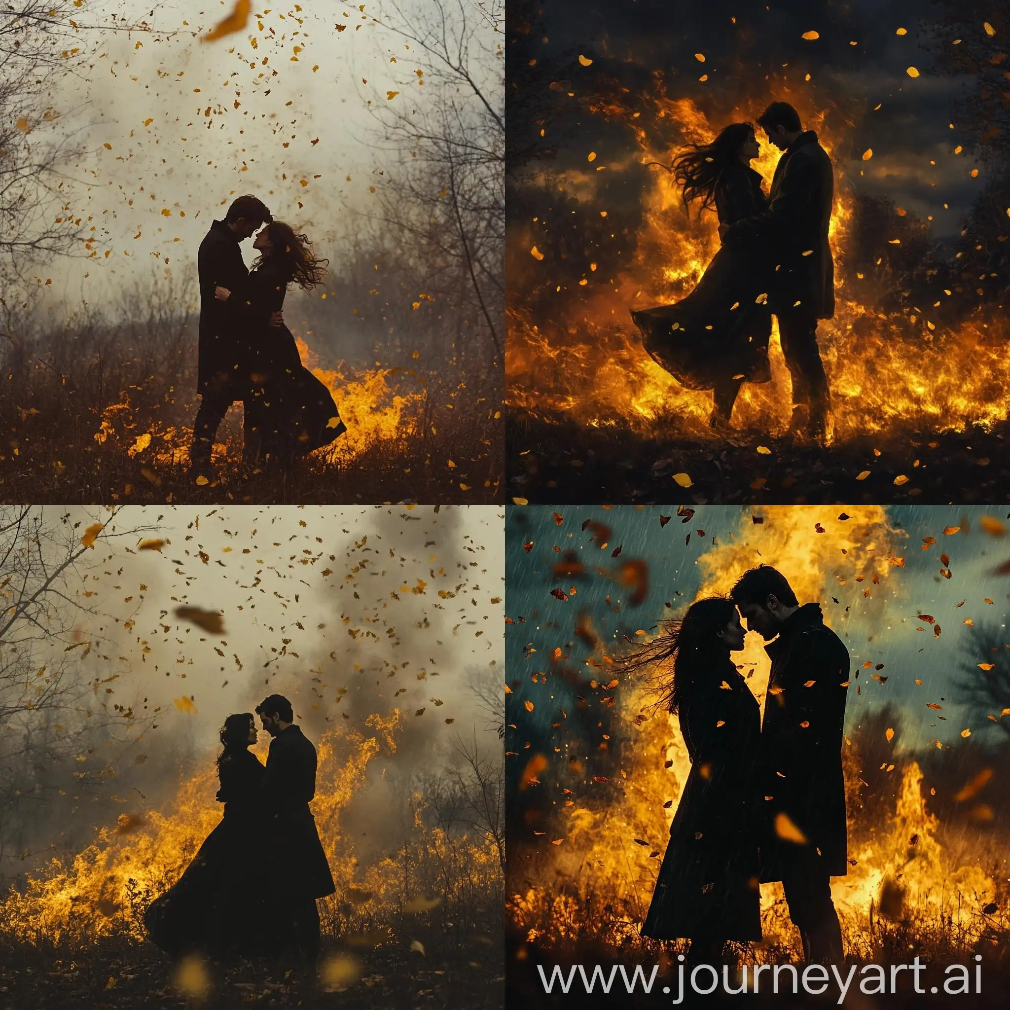 Romantic-Couple-in-Fiery-Autumn-Forest-at-Night