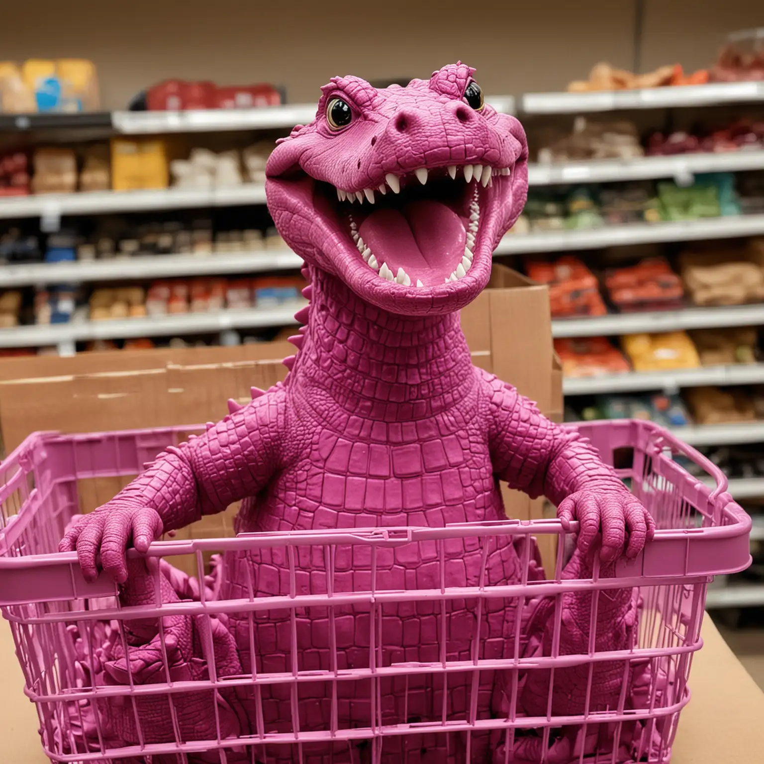 Joyful Magenta Crocodile Sitting in Grocery Basket