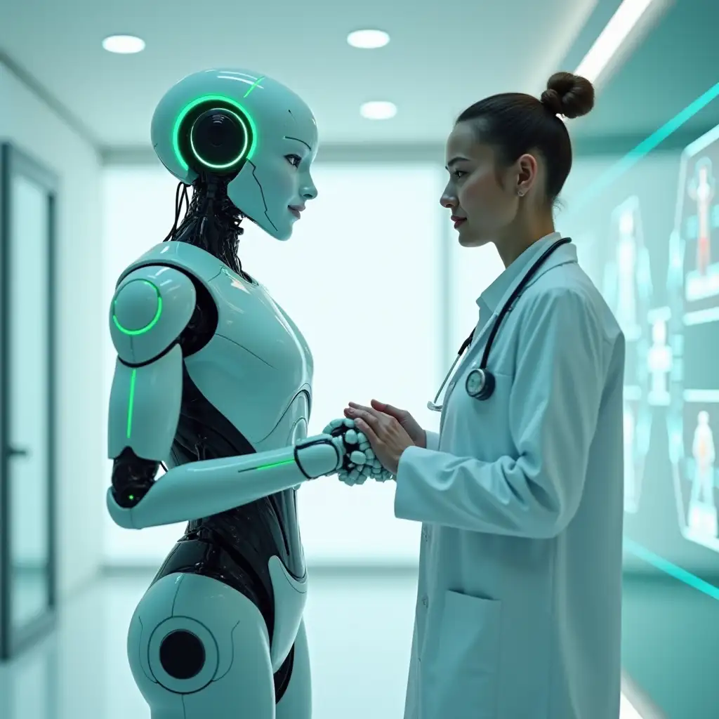 Generate an image featuring an artificial intelligence robot and a doctor standing together, symbolizing collaboration between AI and healthcare. The scene should have a Paris green, white, and light grey color palette, creating a futuristic yet professional atmosphere. The robot should have a sleek, humanoid design with glowing accents, while the doctor wears a modern white coat with subtle tech enhancements. They should be interacting in a high-tech medical environment, possibly with holographic screens displaying patient data or AI-driven diagnostics. The background should include soft lighting and minimalistic futuristic elements, emphasizing innovation and trust in AI-powered healthcare.