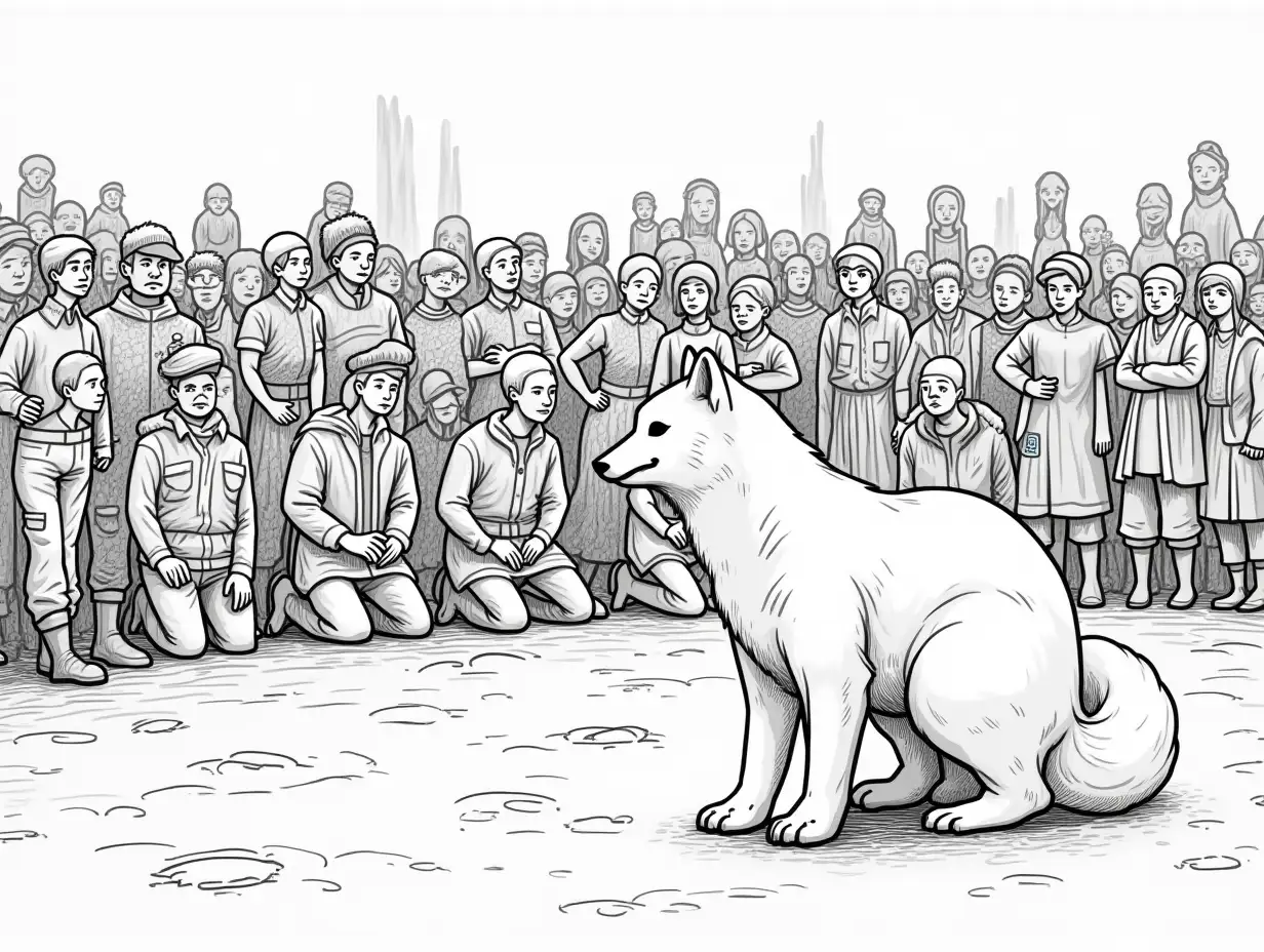 Temple. A crowd of people of different ages in camouflage kneeled before a plump white polar fox. Black and white drawing.