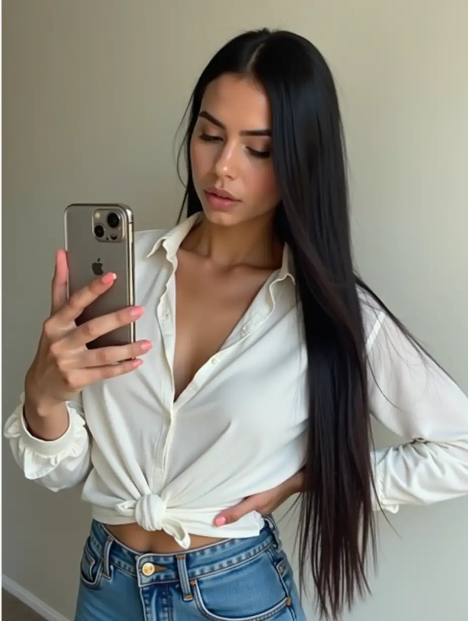 A young woman with white blouse, blue jeans, and super long silky shiny straight black hair (classic length) taking a selfie 