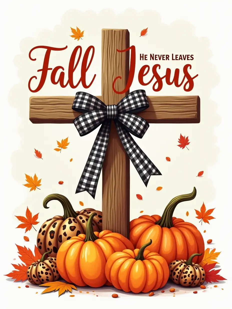 Vector, Art . Design a warm and autumn-inspired image featuring the phrase 'Fall For Jesus He Never Leaves' in bold, stylized text. Incorporate a rustic wooden cross adorned with a black and white gingham ribbon. Surround the cross with large, vibrant orange pumpkins, some featuring patterned textures like leopard print and plaid. Add small details like colorful fall leaves scattered around the scene. The design should blend earthy tones and cozy fall elements, with an uplifting, spiritual theme that highlights the warmth of both the season and faith.