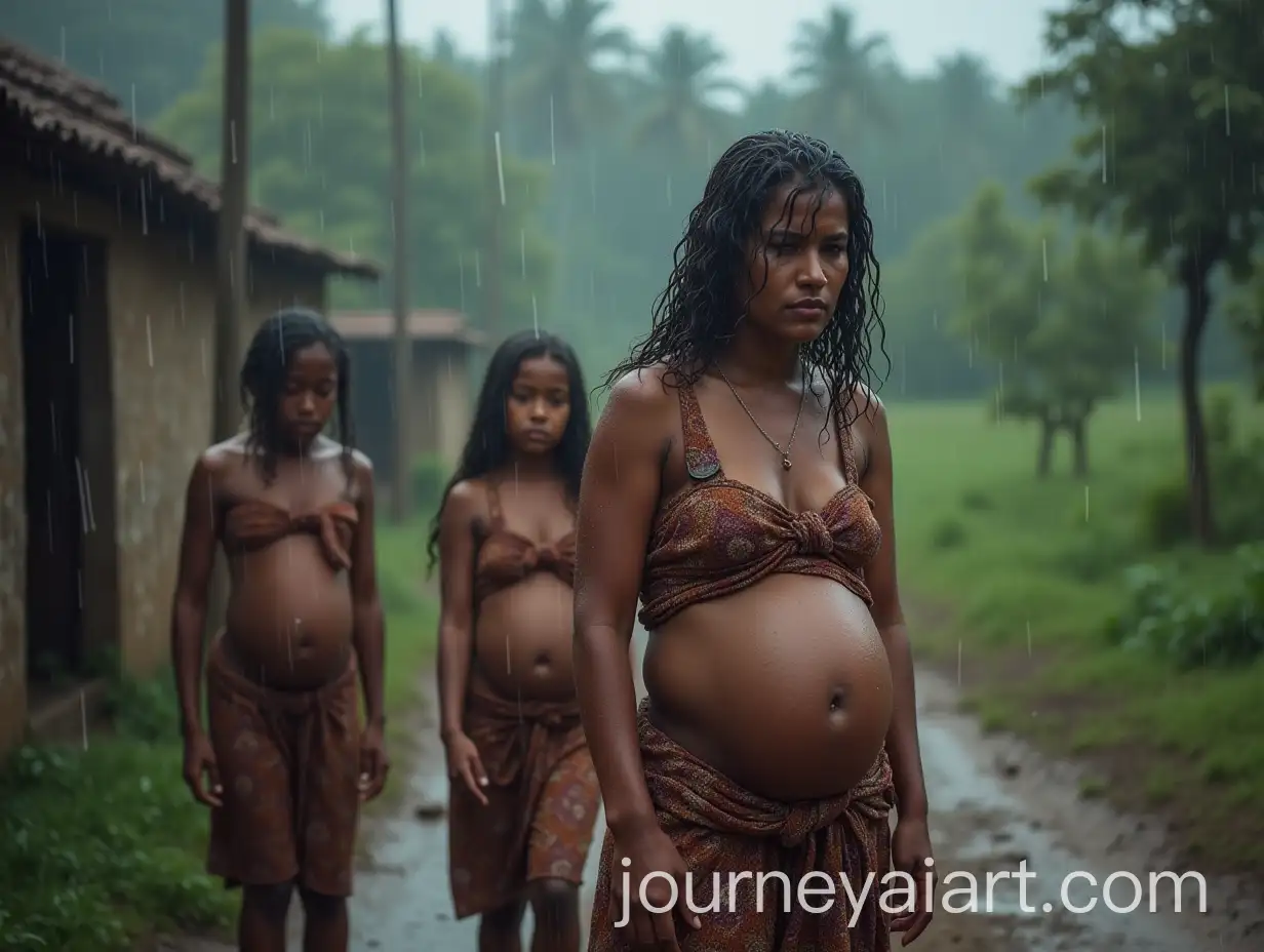 Pregnant-Woman-and-Children-Experiencing-Intense-Emotions-in-the-Rain-in-a-Village-Setting