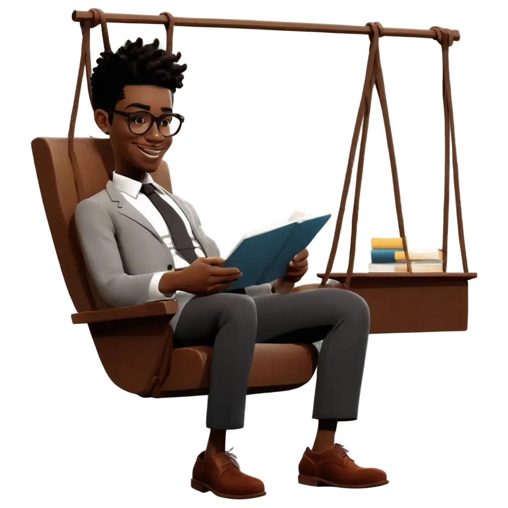 Cartoon-Black-Gentleman-on-Swing-Chair-Reading-Books-PNG-High-Quality-and-Versatile-Image-Format