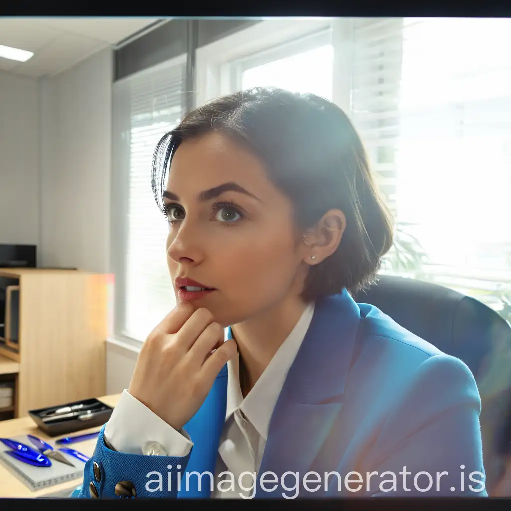 A young brunette woman working in an office, she wears a electric blue suit. There is a desk in front of her with kitchen knives on it.