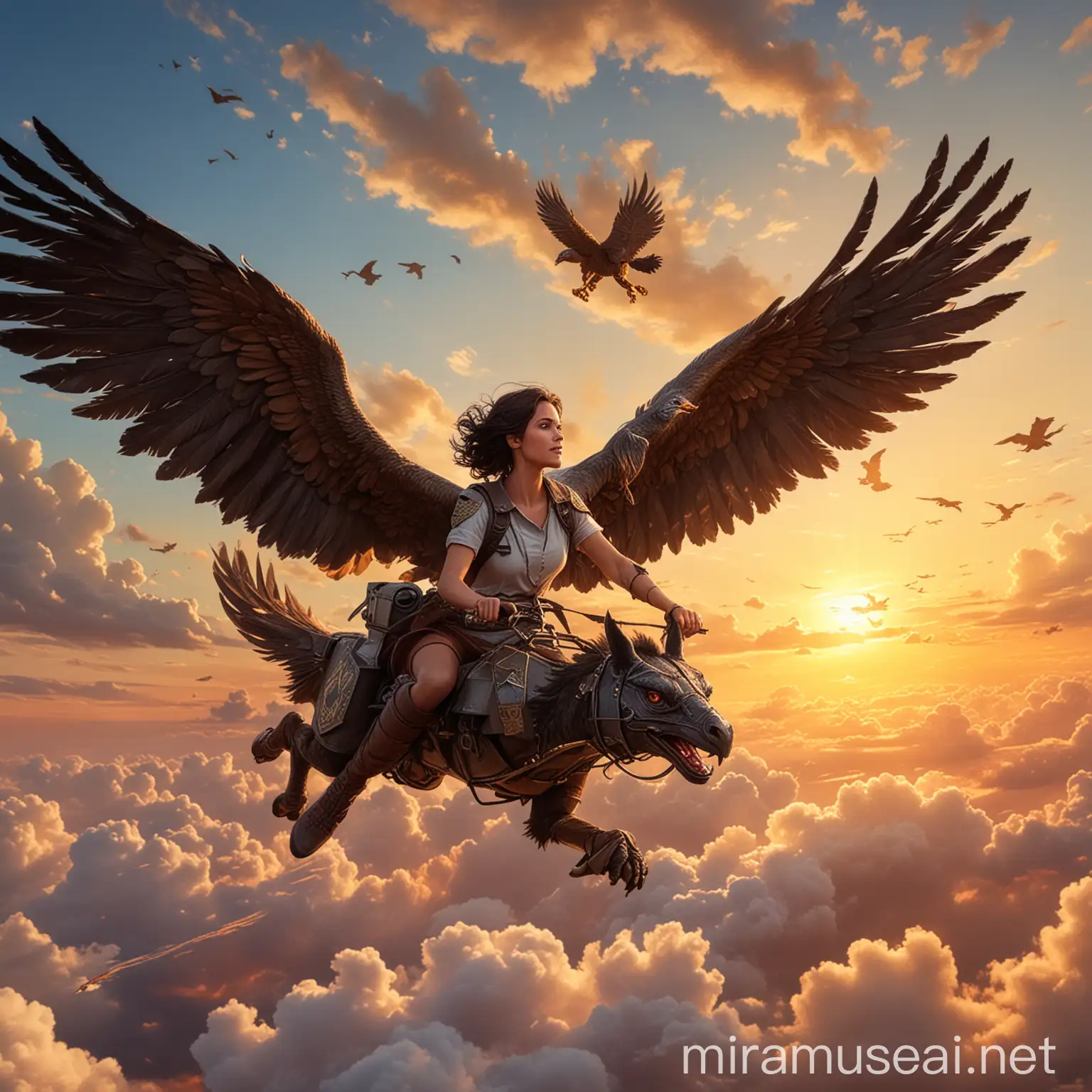 Woman Flying with Griffin in Sunset Sky