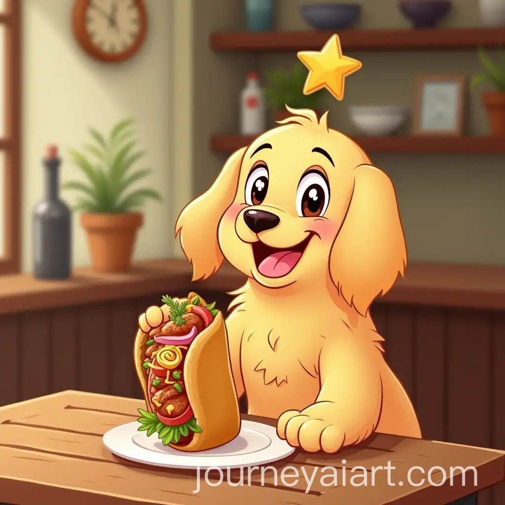 Cheerful-Golden-Retriever-Enjoying-Shawarma-in-Cozy-Shop-with-Promotion