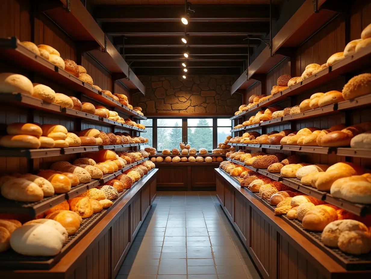 An above shot of the inside of a large display room in a bakery, many kinds of breads on display on both sides of the room