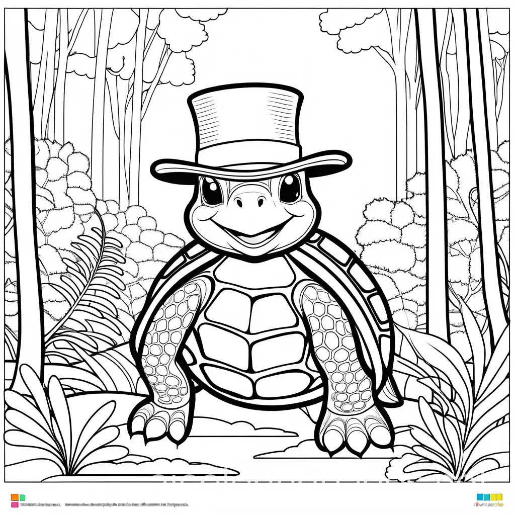 a cartoon turtle,wearing a top hat, playing in the forrest, color book photo, Coloring Page, black and white, line art, white background, Simplicity, Ample White Space. The background of the coloring page is plain white to make it easy for young children to color within the lines. The outlines of all the subjects are easy to distinguish, making it simple for kids to color without too much difficulty