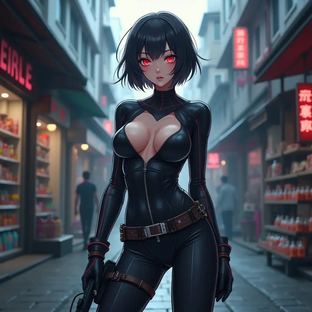 Short hair, mature Asian woman thief cyber runner in a dynamic full-length pose, eyes with red electronic pupils, large breast, extreme skintight body glove zipped down with cleavage, combat boots and combat belt. Full view of her body from boots up, low wide angle. Future store filled city alley street. Anime