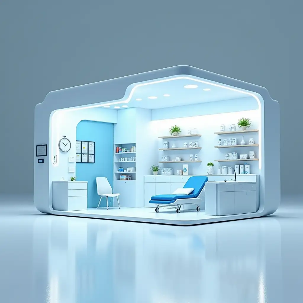 Design a compact medical booth intended for an open space, inspired by the visual elements of pharmaceuticals. The structure should combine white and light blue tones, creating a clean and professional appearance. The booth should contain a small medical examination bed, a doctor's desk, and a few waiting chairs. It should also include shelves to store medicines and medical tools, resembling a small pharmacy setup. The design should be sleek and modern, with emphasis on practicality and portability, making use of lightweight, sustainable materials suitable for a temporary installation in a university setting.