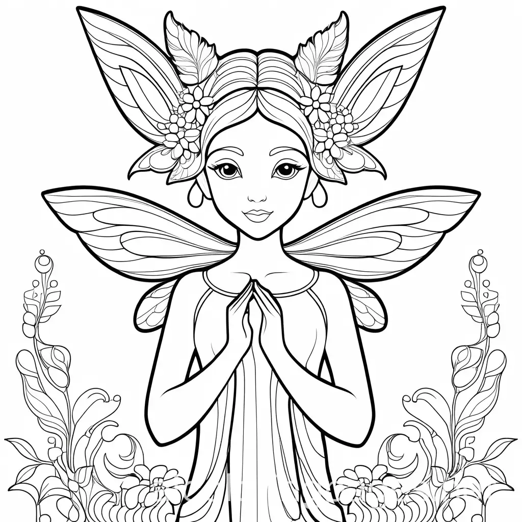 fae, Coloring Page, black and white, line art, white background, Simplicity, Ample White Space. The background of the coloring page is plain white to make it easy for young children to color within the lines. The outlines of all the subjects are easy to distinguish, making it simple for kids to color without too much difficulty