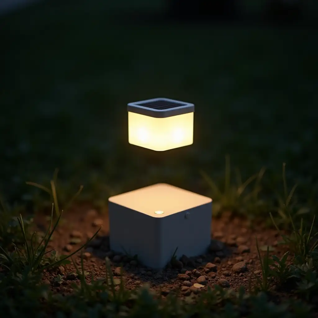 LED garden light, embedded in the ground, the LED light levitates in the air 5 centimeters from the ground while the base is embedded in the ground, there is no connection between the light and the base, it is floating, it is square, it looks technological, it uses solar panels to recharge its battery, it uses propellers to recharge the battery with wind energy, it is wireless