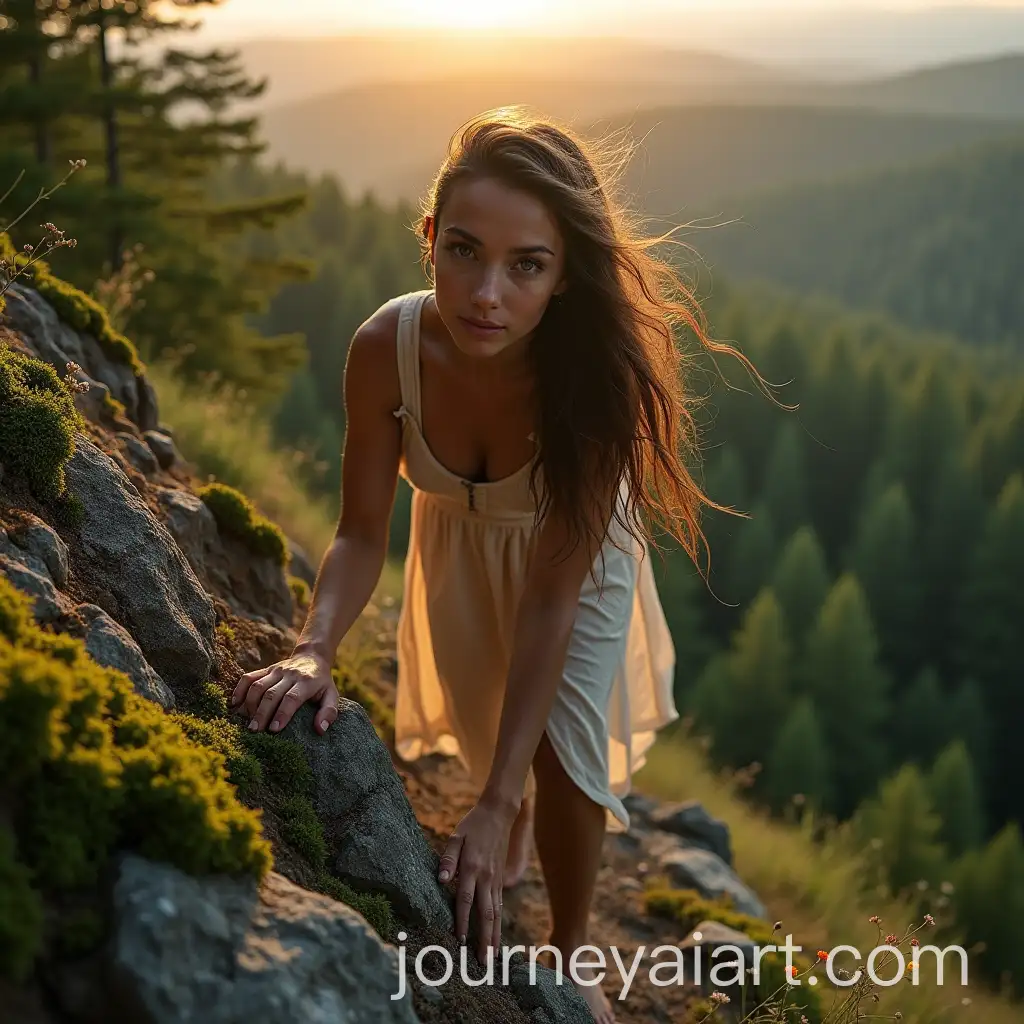 Woman-Climbing-Steep-Hill-with-Wildflowers-at-Sunset