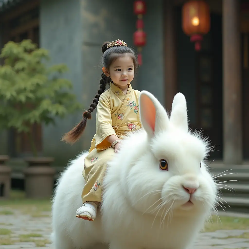 Cute-Girl-in-Hanfu-Riding-a-Fluffy-White-Rabbit-in-a-Chinese-Garden