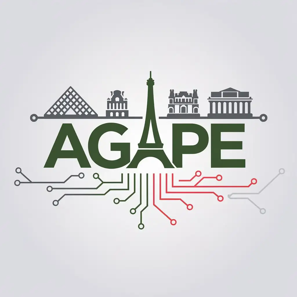 LOGO Design for AGAPE Minimalist Eiffel Tower with Circuit Boardstyle French Monuments and Digital Data Networks