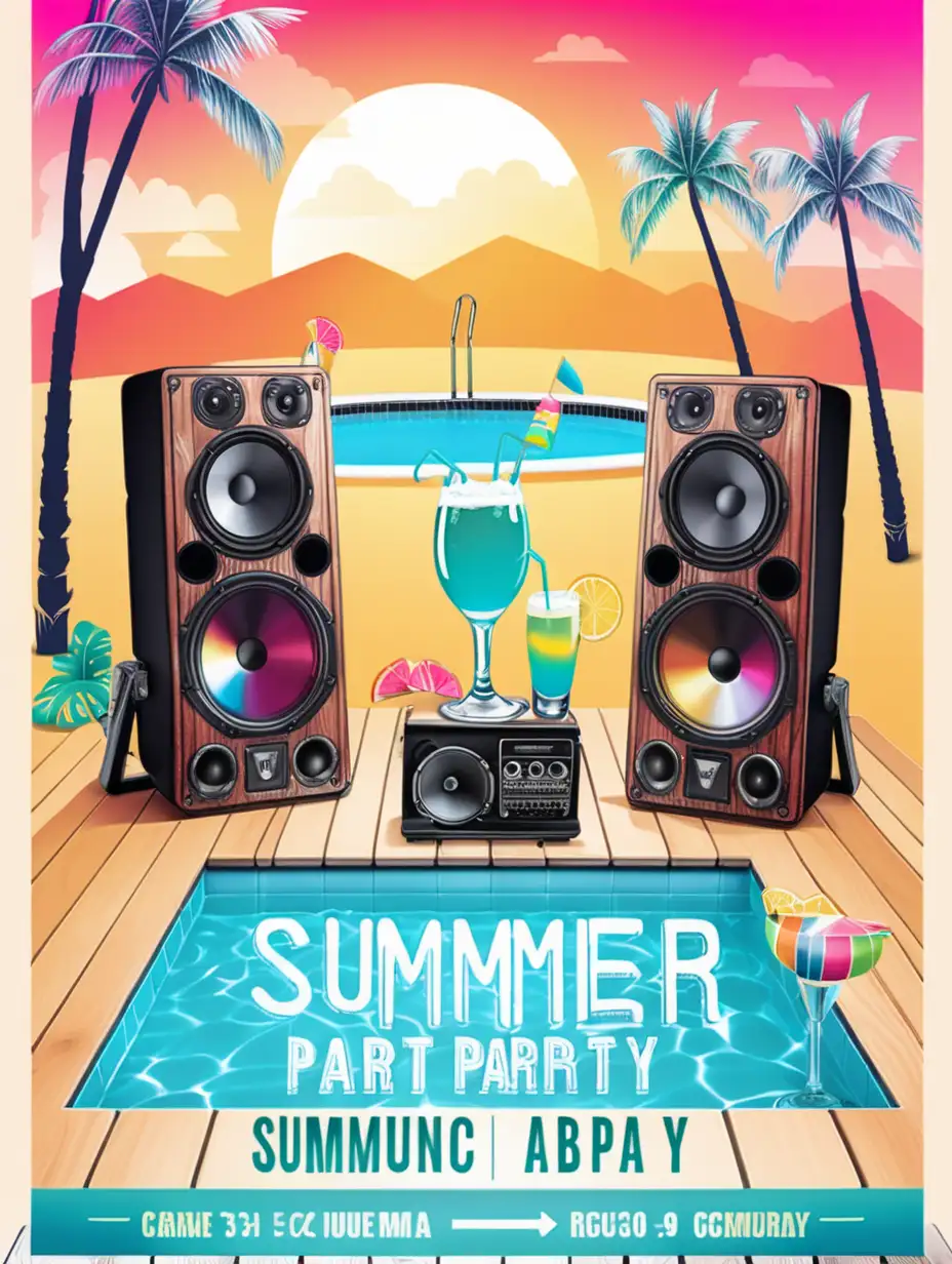 Colorful Summer Pool Party Poster with DJ Stand and Refreshments