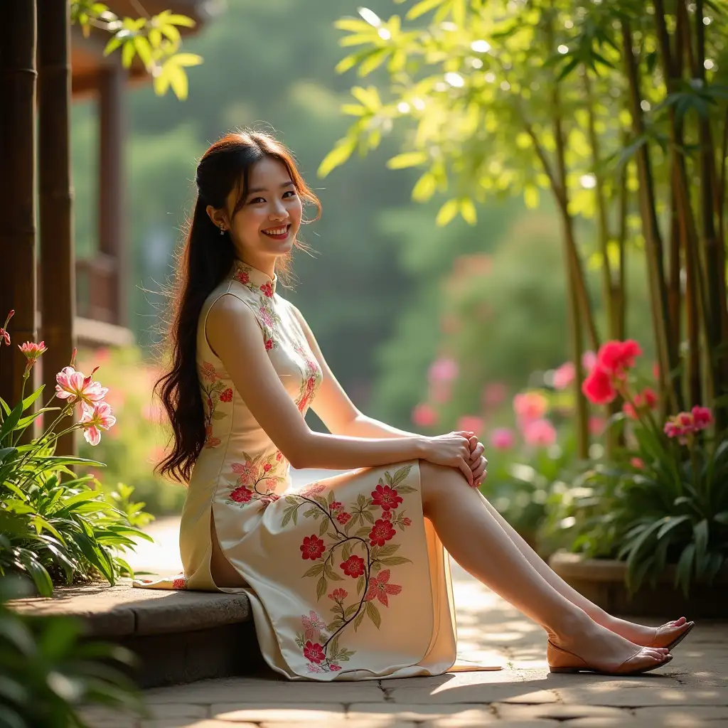 Young-Woman-in-Vietnamese-Ao-Dai-Amidst-Lush-Tropical-Garden