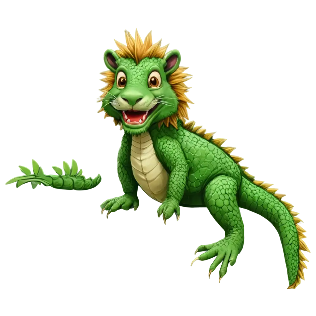 a green crocodile with rabbit ears and a lion's mane. illustration