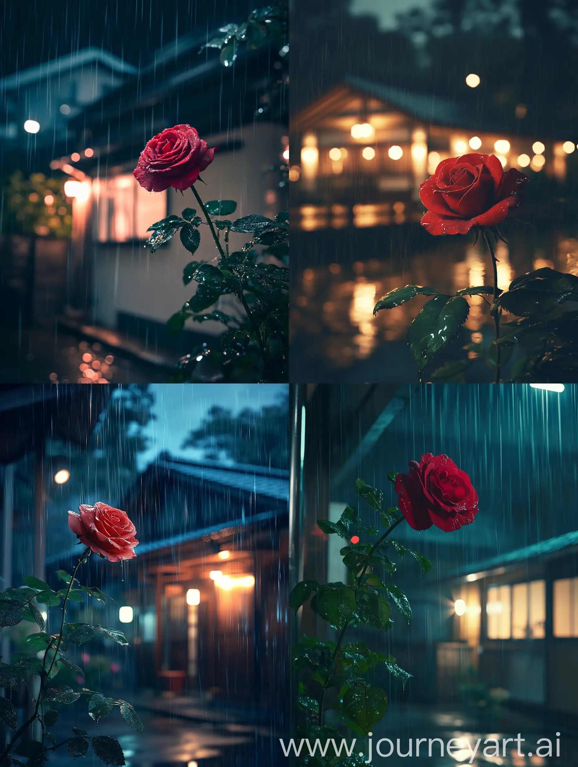 Red-Rose-at-Night-with-Japanese-Home-in-Rain