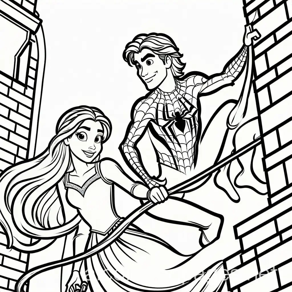 Rapunzel-and-Spiderman-Coloring-Page-Friends-Hanging-Out-Black-and-White-Line-Art